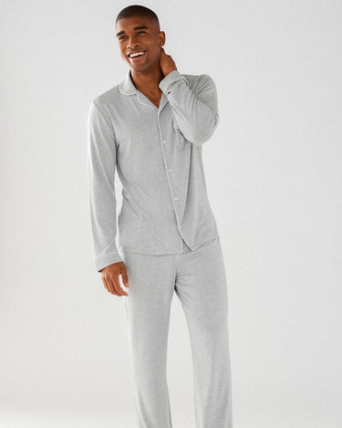 Men's Grey Modal Button Up Long Pyjama Set